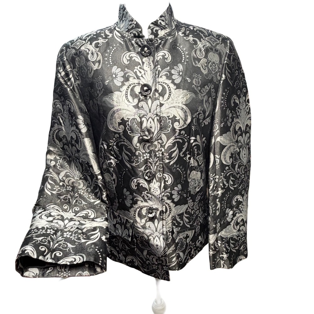 Vintage Chaus 100% Silk Mandarin Jacket Black Metallic Brocade Women Size 8 Luxe